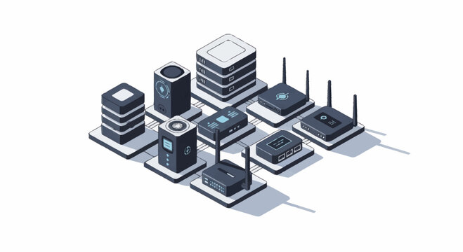 Modern technology network hardware servers and routers arranged in a clean composition.