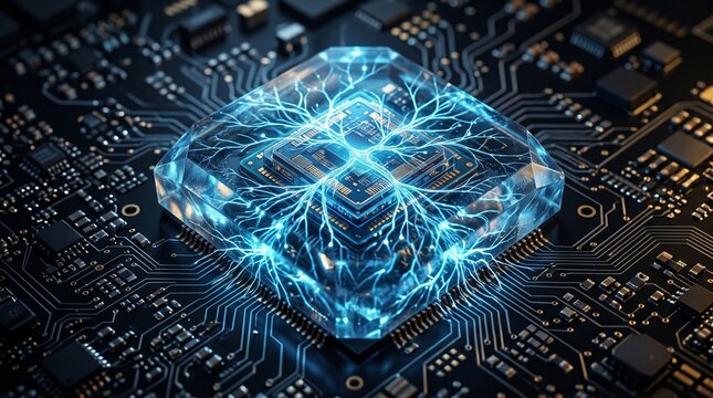 Artificial intelligence microprocessor chip with glowing digital neural network lines