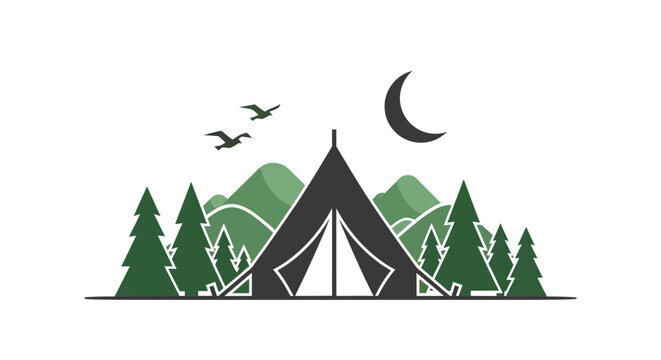 Minimalist camping tent logo design with pine trees and mountain landscape.