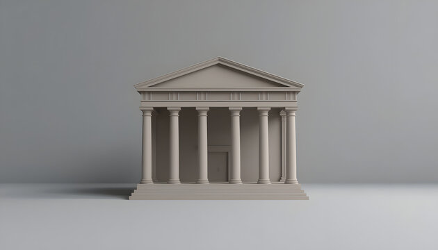 Minimalist 3D render of a classic bank building architecture with columns in clay style.