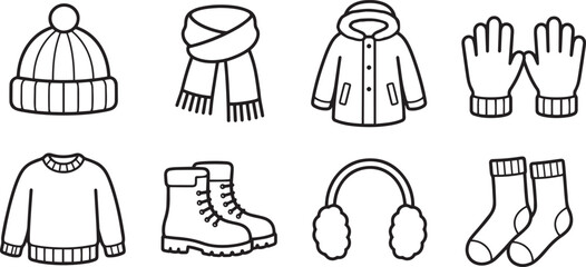 Winter Clothing Modern and Premium Icon Set, Featuring beanie, scarf, parka, gloves and More, Editable Stroke, Outline Icon Collection © MNSTUDIO