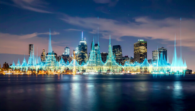 Digitale Klangwelle &uuml;ber n&auml;chtlicher Skyline
