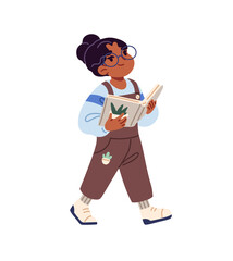 Obraz premium Cute little girl goes with paper book in hands. Happy student reads educational literature. Black child in glasses holds school textbook for learning. Flat isolated vector illustration on white