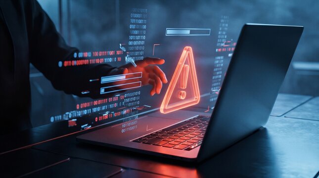 Person interacts with a holographic warning sign and binary code emerging from a laptop screen to represent a cybersecurity threat or system error.