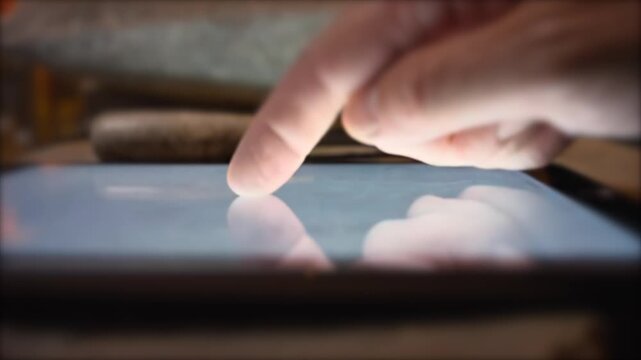 Finger scrolling tablet macro close-up beside stone tools rough surface, built for primitive workflow satire, digital habit, touch interface learning, old tool contrast, adaptation transition themes
