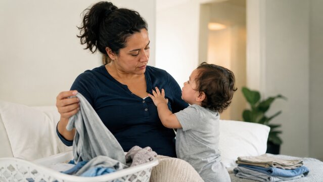 Busy mother trying to finish chores while responding to a toddler need for closeness, expressing realistic domestic life and the nonstop rhythm of early motherhood.