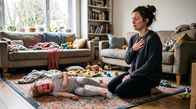 Overstimulated mother pauses and breathes beside a toddler tantrum, showing maternal burnout, emotional regulation and the effort required to remain calm under pressure.