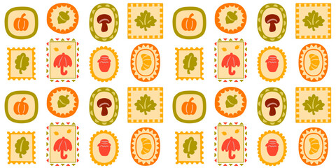 Seamless autumn frame pattern with pumpkin, mushroom, leaf, umbrella, acorn, jar, and croissant in decorative shapes © Viktoriia