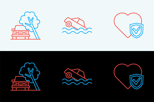 Set line Life insurance with shield, Car damaged by fallen tree and Flood car icon. Vector
