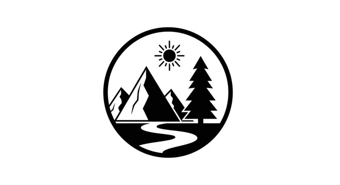 Minimalist mountain landscape circular logo emblem design.