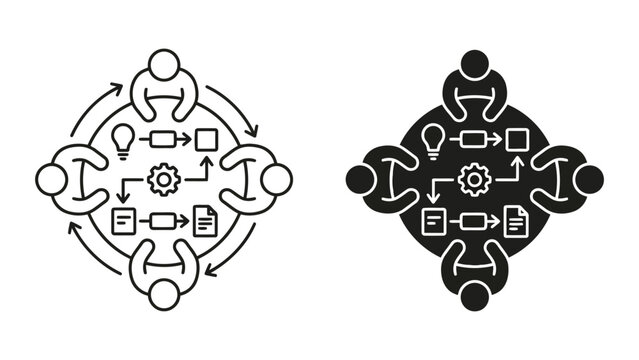 Business workflow circular icon set with team around table and data flow