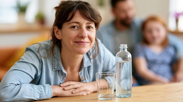 Woman embracing recovery at home with supportive family in background