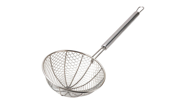 Stainless steel wire mesh skimmer strainer kitchen ladle tool isolated on transparent background