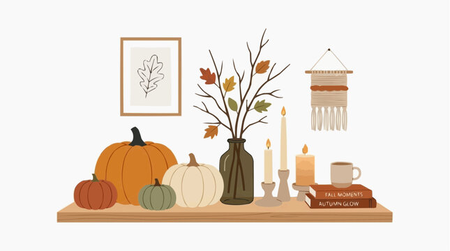An illustrated cozy autumn-themed shelf display featuring pumpkins, candles, books, and fall foliage. A framed leaf illustration and macrame wall hanging complete the rustic decor