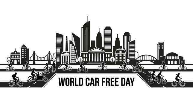 World Car Free Day Illustration with City Skyline and Cyclists