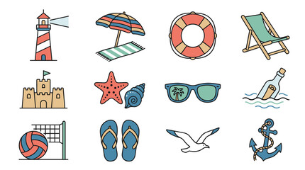 Beach and Summer Vacation Icons Set with Lighthouse, Umbrella, Lifebuoy, Sunglasses, Sandals, and Anchor Illustrations © Kamu
