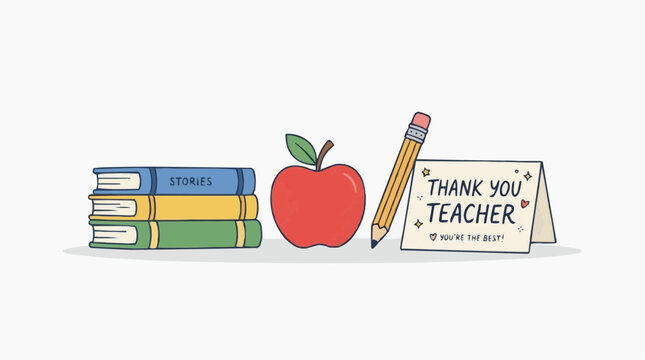 An illustrated thank you card for a teacher with a stack of books, a red apple, and a pencil, symbolizing education and appreciation