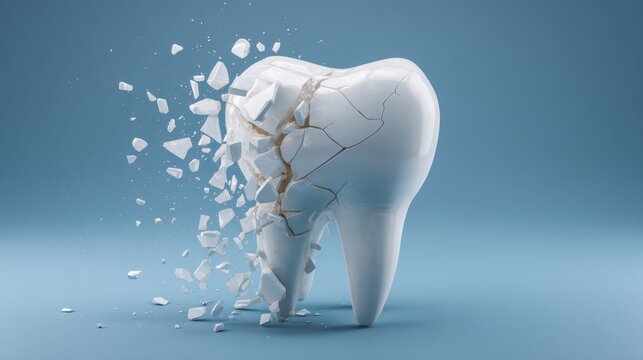 Cracked and shattering white molar tooth with debris on blue background, 3D render