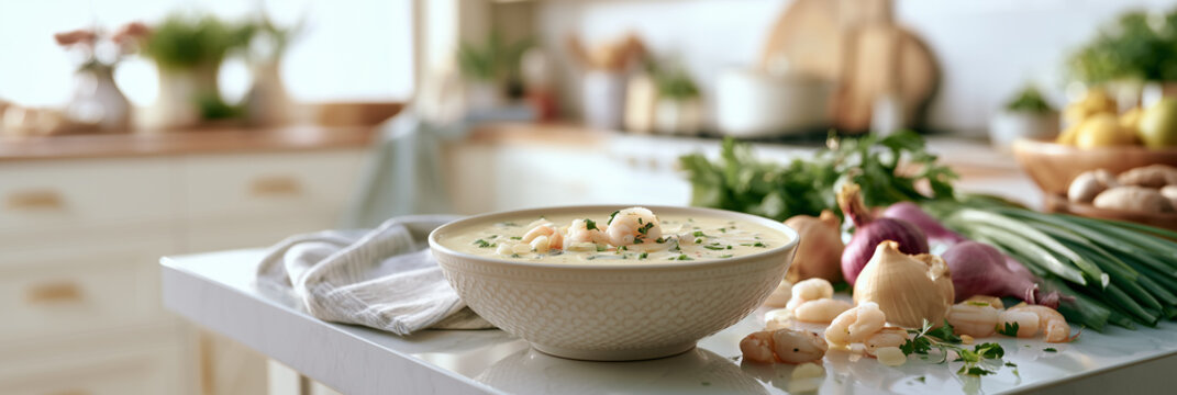 Creamy shrimp bisque in ceramic bowl with ingredients