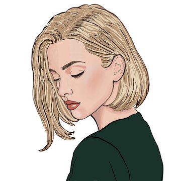 A raster illustration of a young blonde woman with a short bob haircut, soft makeup, and a graceful expression in a modern hand-drawn style on a white background