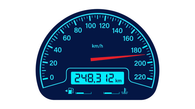 Speedometer Icon with Blue Gauge, Red Needle, Km/H Scale and Digital Readout for Vehicle Speed Monitoring Concept