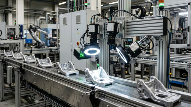 Automated vision inspection system monitoring metal parts production on industrial conveyor.