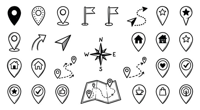 Doodle location pin. Sketch local icons. Hand drawn pencil address coordinate symbols, chalk digital map pinpoint, GPS tag, place marker, journey point. Vector set