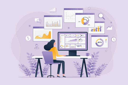 Business Analytics Dashboard with Data Visualization and KPI Monitoring in Modern Office with business women working. flat vector illustration 
