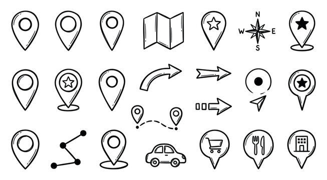 Doodle location pin. Sketch local icons. Hand drawn pencil address coordinate symbols, chalk digital map pinpoint, GPS tag, place marker, journey point. Vector set