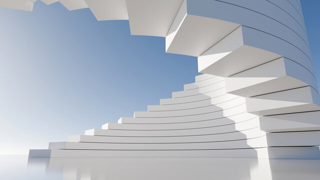 Abstract 3D architectural white spiral staircase structure under a clear blue sky