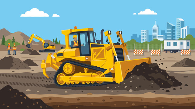 Yellow bulldozer on construction site moving earth.