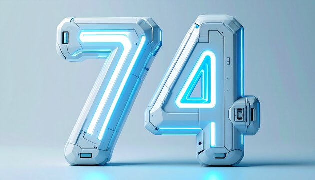 Glowing blue numbers seventy four on a gray surface indoors