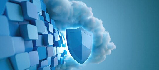 Fototapeta premium Cloud migration security with server blocks and glowing shield tunnel