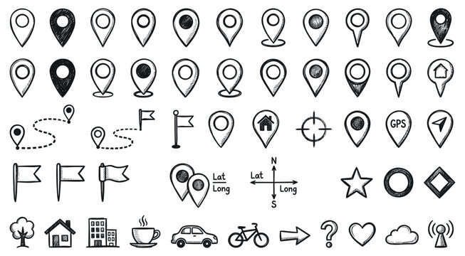 Doodle location pin. Sketch local icons. Hand drawn pencil address coordinate symbols, chalk digital map pinpoint, GPS tag, place marker, journey point. Vector set