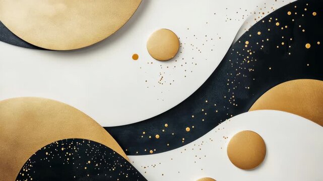 Luxurious abstract design of flowing black and white shapes adorned with shimmering golden circles and sparkling dots in an elegant modern artwork