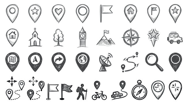 Doodle location pin. Sketch local icons. Hand drawn pencil address coordinate symbols, chalk digital map pinpoint, GPS tag, place marker, journey point. Vector set