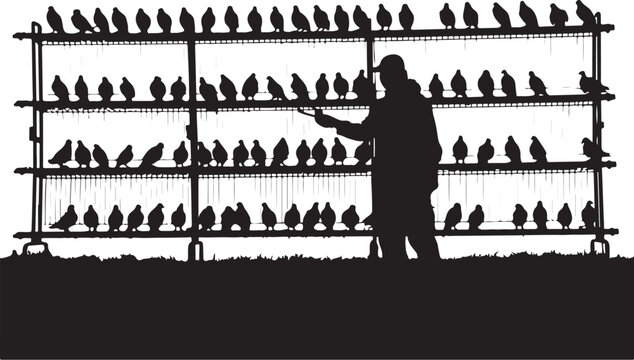 Silhouette of a man standing in front of a large aviary birds
