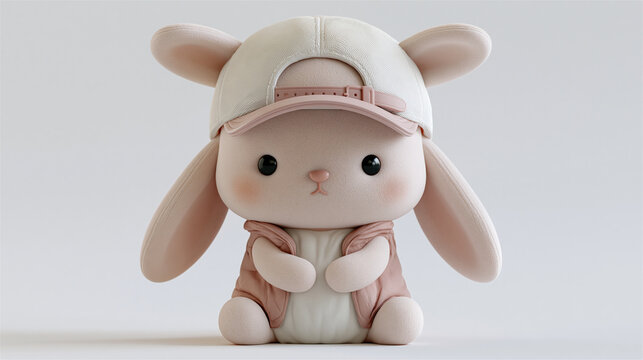 Cute bunny squishy toy wearing a baseball cap and vest isolated on white background