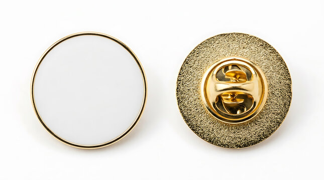Two blank round lapel pins with gold trim and backing