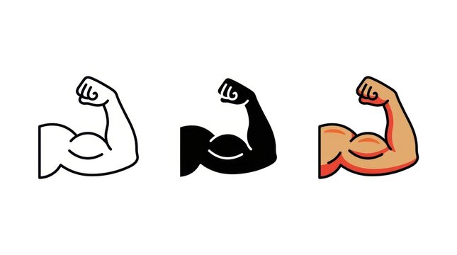 Flexed Bicep Icon Set: A collection of three stylized icons depicting a flexed bicep muscle, representing strength, power, and fitness. The icons are shown in outline, solid black.