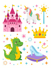 Magical scene with a pink castle, white unicorn, green dragon, and princess accessories floating in air. © Fendi