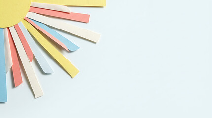 Obraz premium Abstract sunburst pattern made of colorful paper strips on a light blue background