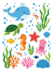 Naklejka premium Colorful underwater scene with various sea creatures swimming near coral and seaweed.