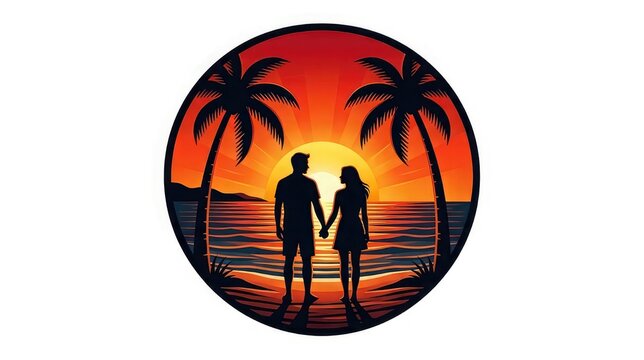Romantic sunset silhouette couple holding hands on tropical beach within circular frame