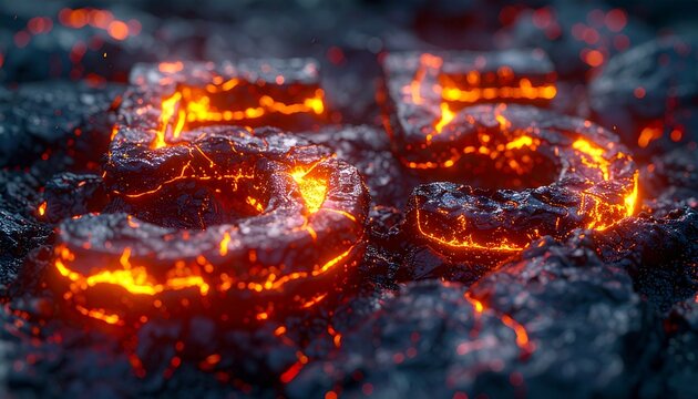 Glowing embers illuminate the dark textured surface with fiery letters.