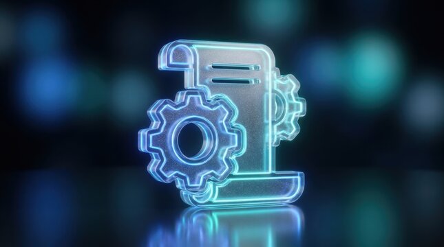 Digital Code and Gears: A glowing neon blue icon depicts a document or code with two interconnected gears, symbolizing technological processes, coding, and development.