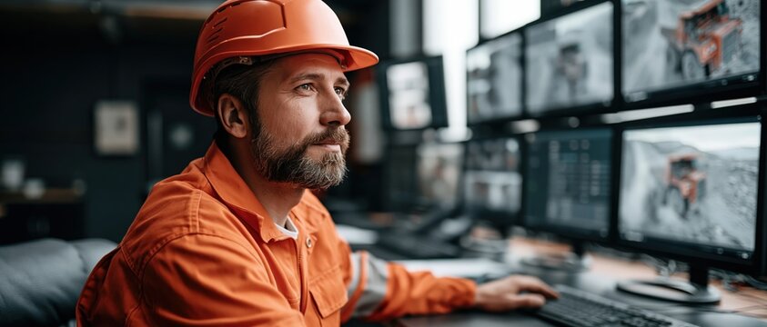 Confident male engineer in orange coveralls and hard hat oversees mining operations via multiscreen control room. Ideal for industrial safety, remote monitoring, and energy sector campaigns.
