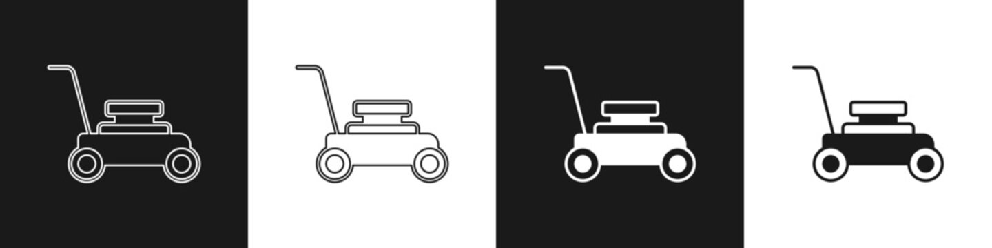 Set Lawn mower icon isolated on black and white background. Lawn mower cutting grass. Vector