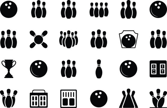 Bowling themed icons featuring balls, pins, and scoring elements in black silhouette