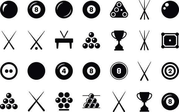 Billiard icons set featuring snooker balls cues and rack for sports recreation and games